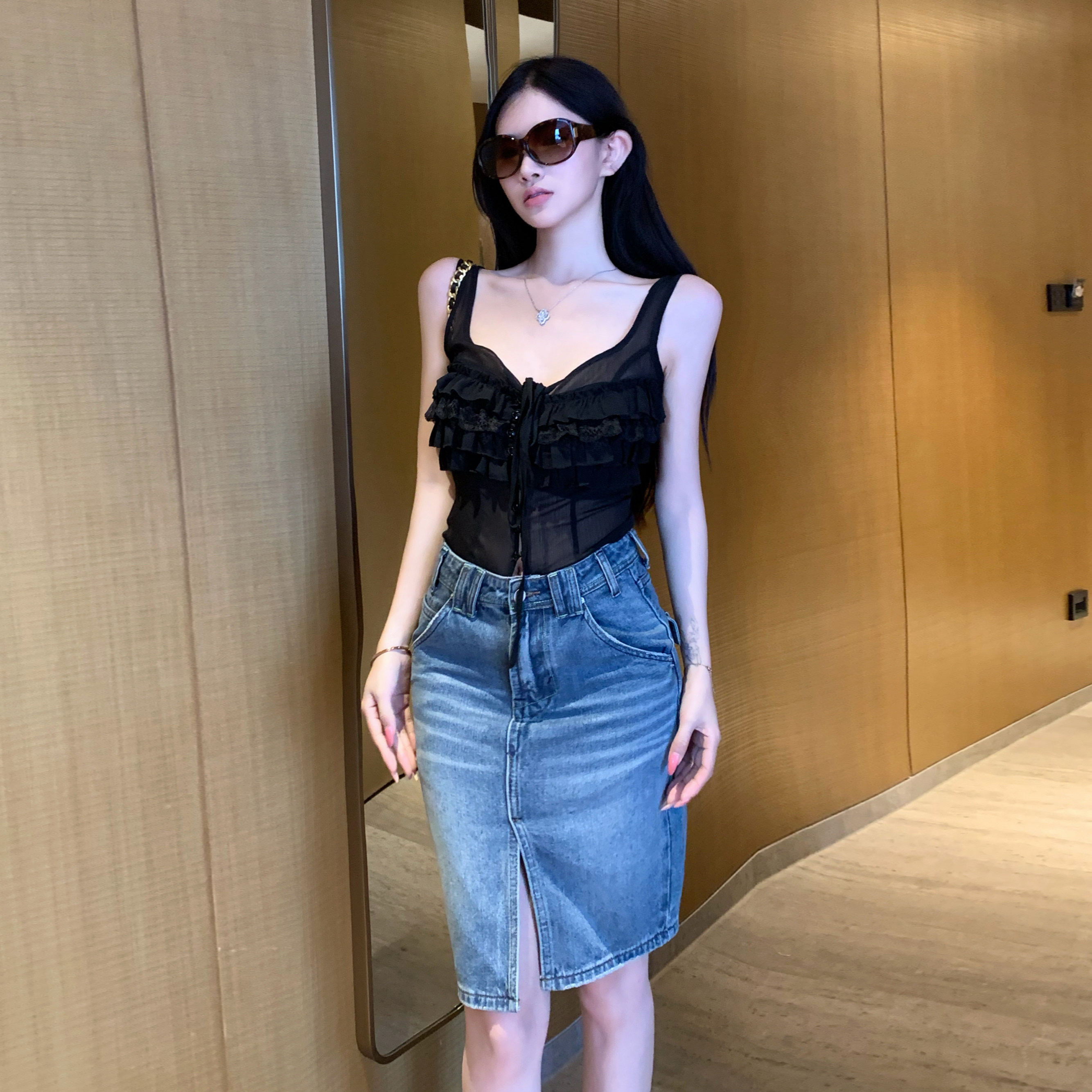 李李家千禧复古牛仔半身裙女2026秋季开衩知性风穿搭修身包臀短裙
