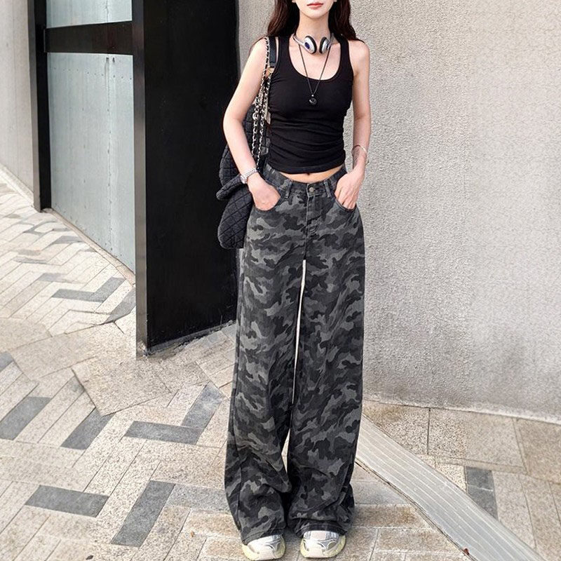 李李家美式迷彩阔腿裤女2026夏季新款高腰宽松显瘦潮酷长裤