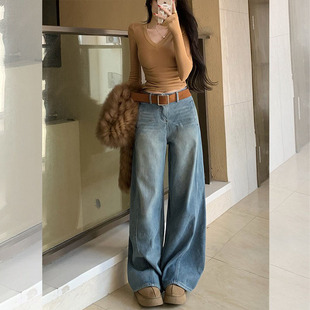 通勤显高松弛感拖地裤 李李服饰韩版 新款 女2026夏季 蓝色高腰阔腿裤