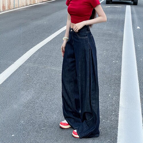 李李家原牛阔腿牛仔裤女26夏季新款侧褶设计慵懒休闲垂感拖地裤