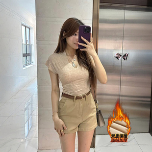 气质老钱风高腰牛仔短裤 新款 子女 女2025冬季 加绒简约百搭牛仔短裤