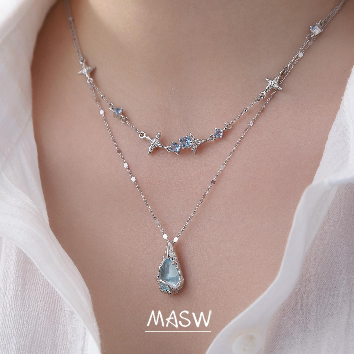 MASW麻秀原创设计清冷高级感淡蓝色水滴项链冷淡风双层新款锁骨链