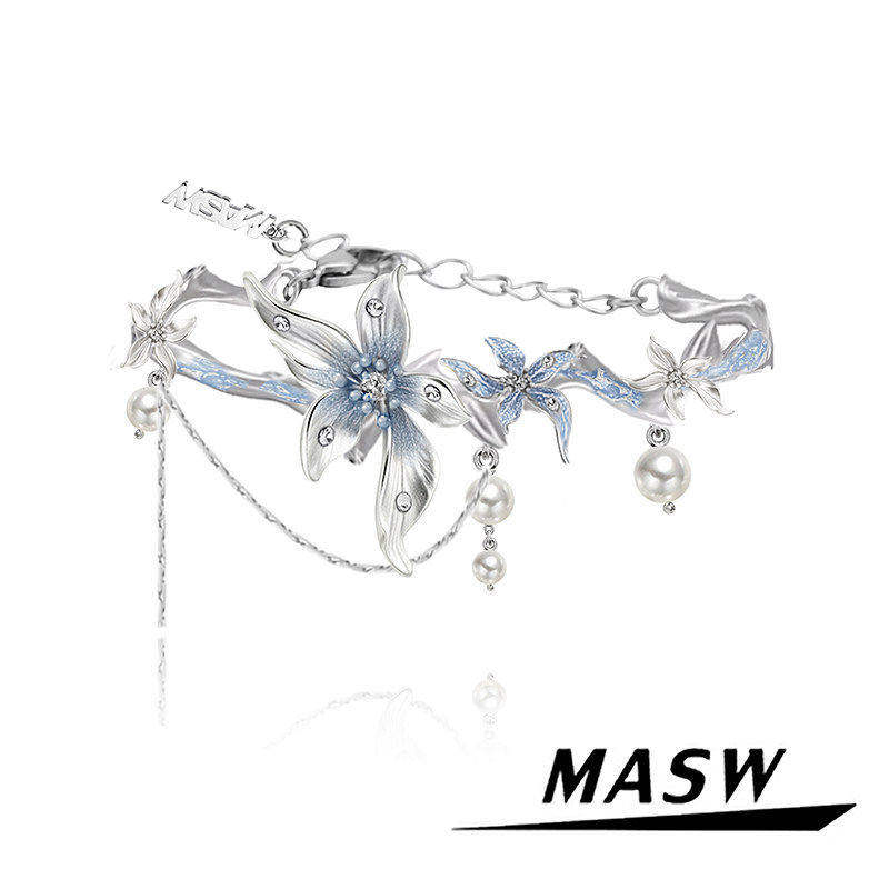 MASW麻秀原创设计秘密花园系列精致鸢尾花珍珠手链珐琅雾霾蓝手环