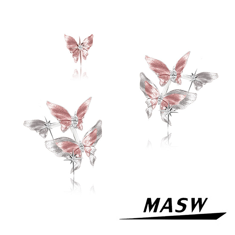 MASW麻秀原创设计蝶舞系列甜美蝴蝶耳钉轻奢浪漫粉色耳饰新款百搭