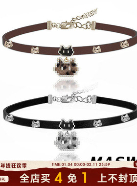 MASW麻秀原创设计甜酷皮革像素卡通小猫项链小众轻奢choker锁骨链