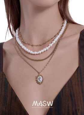 MASW麻秀原创设计复古一款多戴项链百搭多层叠戴珍珠颈链