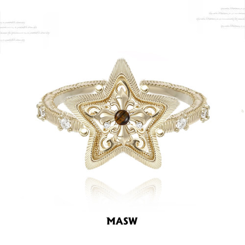 MASW麻秀复古金拉丝雕花星星戒指