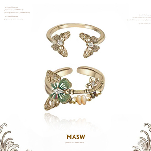 MASW麻秀原创森系蝶舞复古轻奢珐琅绿蝴蝶对戒小众高级感情侣戒指