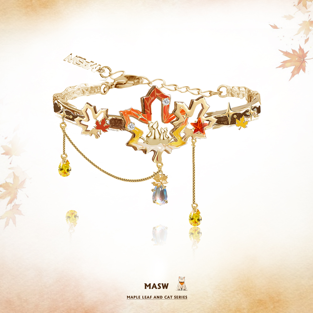 MASW麻秀轻奢落日橘红枫叶手镯新