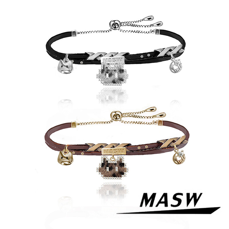 MASW麻秀原创设计复古高级感皮革像素猫咪手链轻奢抽拉绳闺蜜手饰