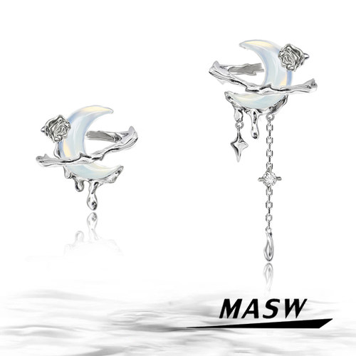 MASW原创设计新中式月亮流苏耳环小众覆古月牙耳饰ins高级感