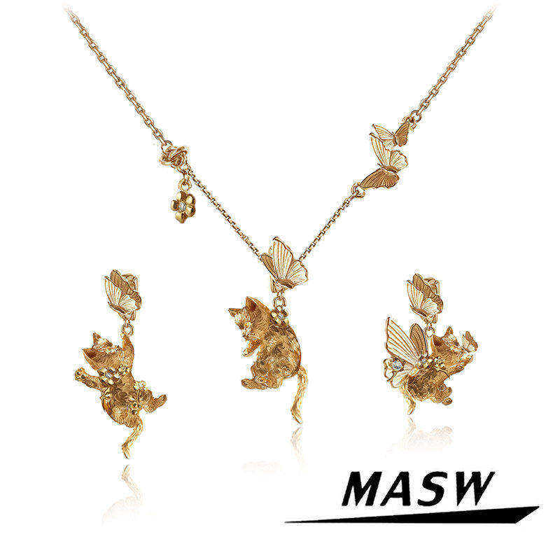 MASW麻秀原创设计喵系列可爱追蝴蝶猫猫项链创意DIY吊坠锁骨链新