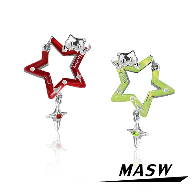 MASW麻秀原创设计喵系列轻奢红色五角星星耳钉甜美猫猫新款耳环女