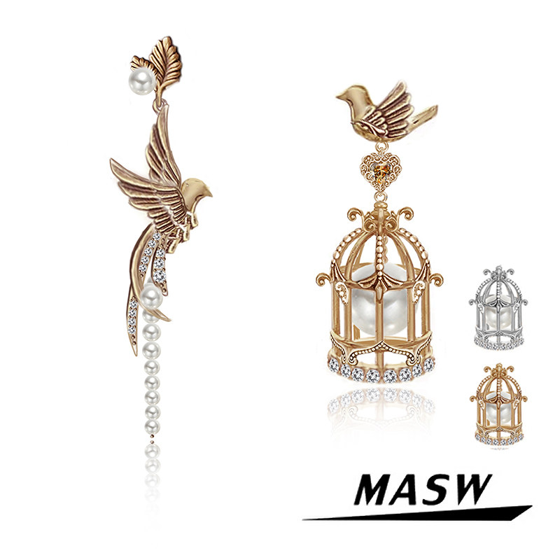 MASW麻秀原创设计怀旧系列轻奢中古风鸟笼耳饰哑古金新中式耳环潮