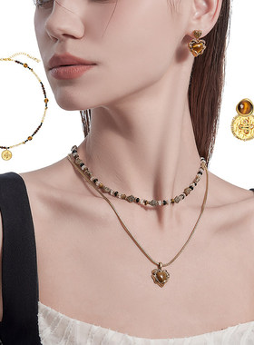 MASW麻秀原创设计串珠虎眼石纽扣爱心项链/耳环