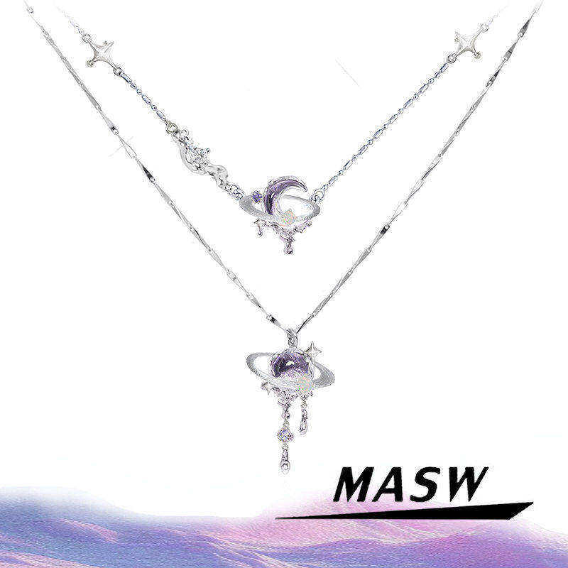 MASW麻秀原创设计熔岩系列轻奢星空紫星球月亮锁骨链小众精致项链