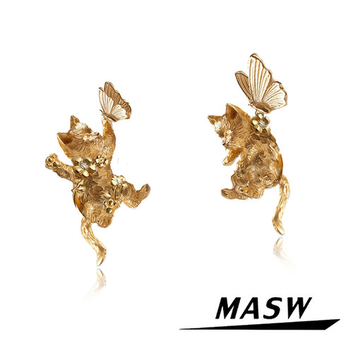 MASW麻秀甜美萌宠追蝴蝶猫咪耳钉