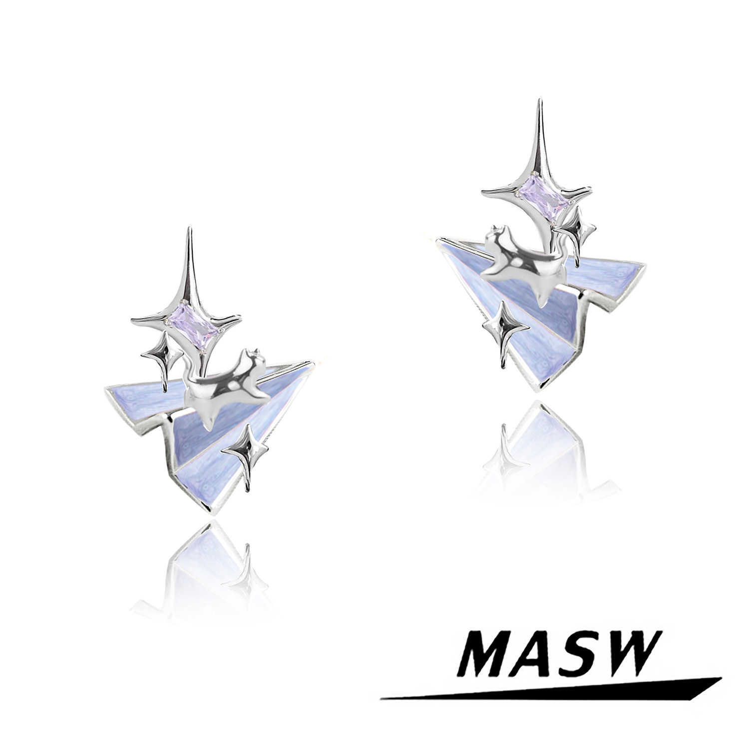 MASW麻秀原创设计喵系列创意轻奢纸飞机耳钉气质锆石可爱猫猫耳环