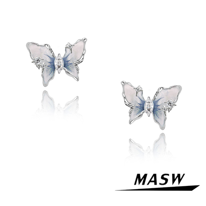 MASW麻秀原创设计蝶舞系列轻奢渐变蓝色蝴蝶耳钉高级感银针耳饰新