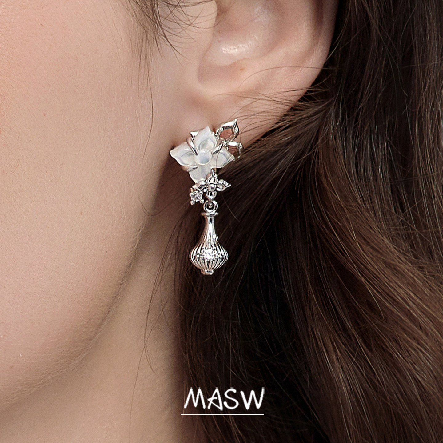 MASW麻秀新中式玉兰花国风耳环女图片