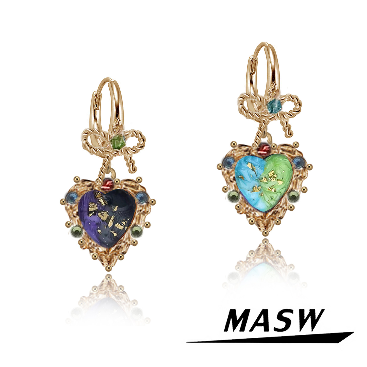 MASW麻秀原创设计怀旧艺术复古撞色爱心耳环轻奢新中式彩色耳饰