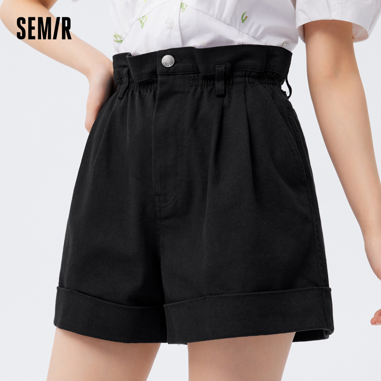 [商场同款]森马休闲短裤女宽松翻边短裤2023夏新款花苞高腰A字裤