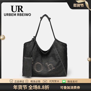 UR包包女韩系复古牛仔布托特包大容量字母单肩腋下包通勤子母包