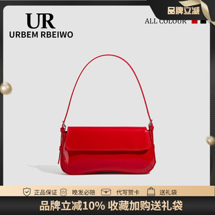 UR包包女夏季简约复古红色翻盖法棍包小众设计漆皮手提单肩腋下包