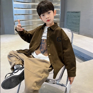 男童春秋长袖衬衫外套2025新款套装儿童秋季休闲衬衣三件套潮童装