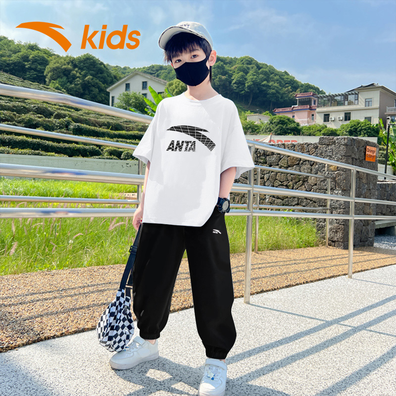 安踏儿童套装男童休闲夏装2025夏季新款透气棉感短袖长裤运动服装
