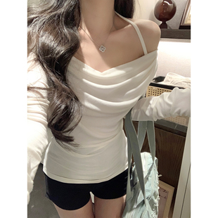 设计感褶皱系带一字肩长袖 新款 t恤女收腰显瘦上衣潮 CHAN夏季 NAYA