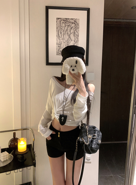 NAYA CHAN 大圆领扭结天丝长袖T恤女早秋夏斜肩/一字肩黑白色上衣