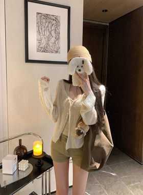 NAYA CHAN 天丝亚麻V领针织开衫女冰透显瘦针织白灰色上衣女