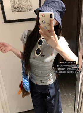 NAYA CHAN夏季新款设计感修身狗狗印花t恤女短袖百搭显瘦收腰上衣