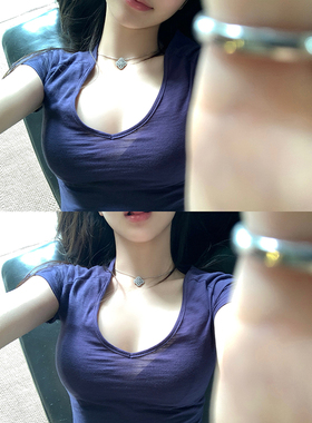 NAYA CHAN 自带欲感版型绝!100棉微透肌理亚麻藏青色短袖T恤上衣