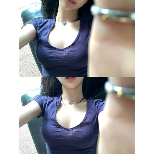 100棉微透肌理亚麻感蓝色短袖T恤