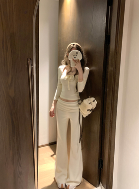 NAYA CHAN 针织垂垂裤翻折腰微喇休闲裤黑白色修身显瘦拖地长裤女