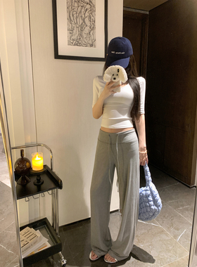 NAYA CHAN 系带垂坠感裤莫代尔直筒窄版拖地裤针织灰色休闲长裤女