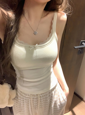 NAYA CHAN 秋季新款磨毛蕾丝花边黑白色吊带背心带胸垫内搭女上衣