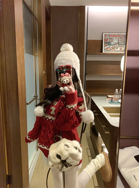 NAYA CHAN 姜饼小熊～圣诞氛围感加厚菱格纹针织套头毛衣外套女冬