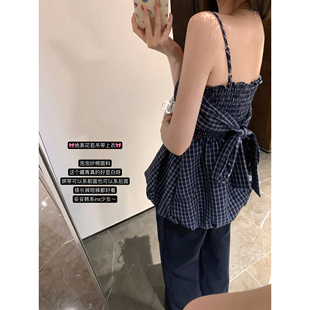 宽松设计感蝴蝶结格纹花苞吊带衫 新款 女露肩上衣潮 CHAN夏季 NAYA