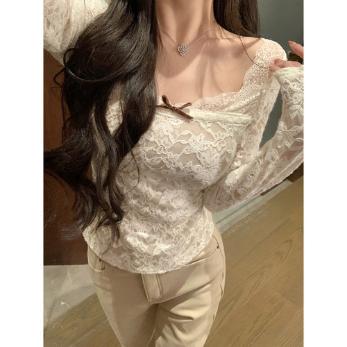 NAYA CHAN 蕾丝带胸垫可拆卸上衣纯欲设计收腰长袖内搭打底上衣