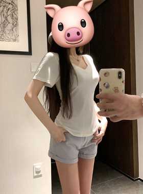 NAYA CHAN 2025巨好看的夏装莫代尔掐腰v领白色正肩短袖T恤女