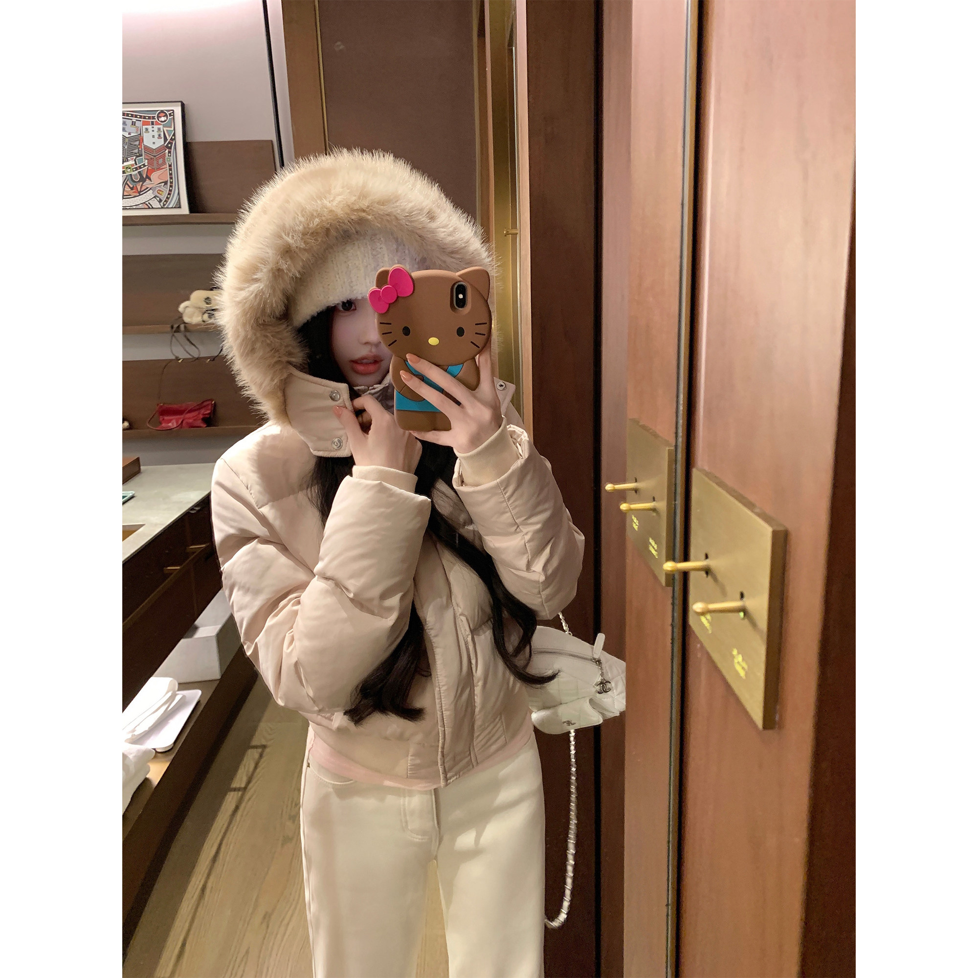 NAYA CHAN 可拆卸帽子大毛领修身羽绒服小个子短款休闲保暖外套