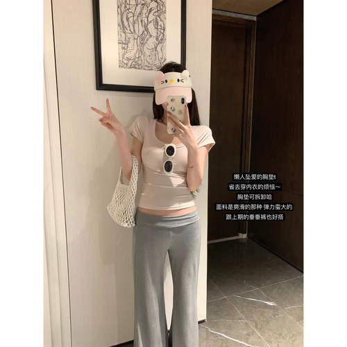 大U领正肩带胸垫t恤女短袖