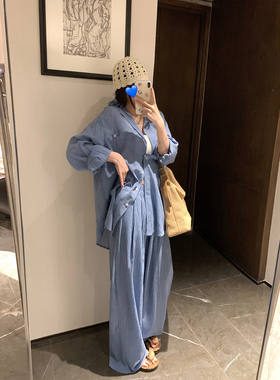 NAYA CHAN 飘逸薄棉纱蓝色格子衬衫裤子两件套清纯系松弛感套装女