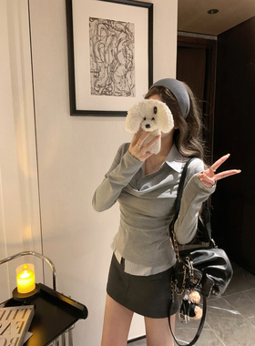 NAYA CHAN 假两件衬衣荡领长袖针织衫秋季穿搭新款灰白色女上衣