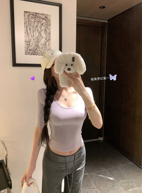 NAYA CHAN 紫色芭蕾感中袖t恤女设计感前后两穿显瘦紧身白色上衣