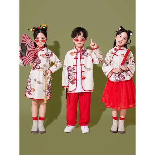 Girls Cheongsam Hanfu Costume Red White Print Tops Red Pants