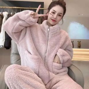 Pajamas Women Thickened Winter Zipper Velvet Warm Loun Coral